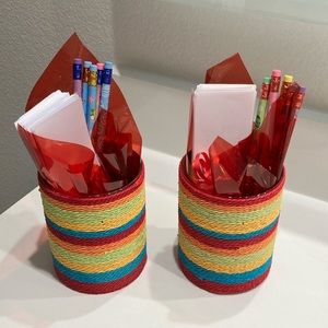 Hand Crafted 2 Round Glass Candle Holders Roped in Multi Colors W/Easter Pencils